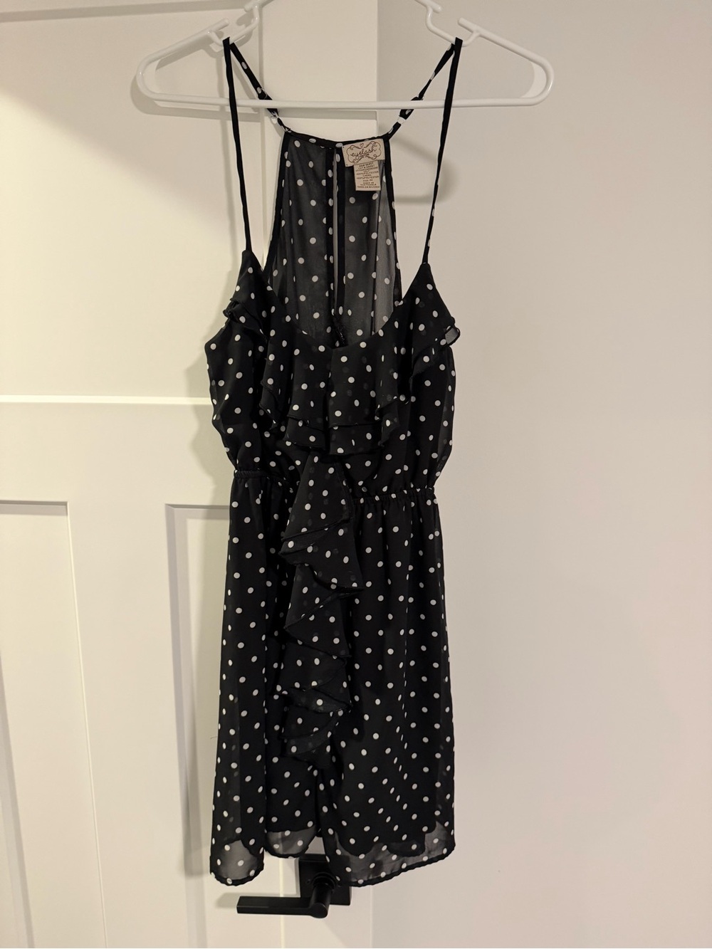 eyelash couture Black with White Polka Dot Ruffle Mini Dress
